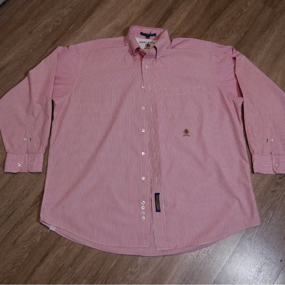 Tommy Hilfiger Vintage Mens‎ Red White Striped Button Down Shirt Cotton 16.5 34
